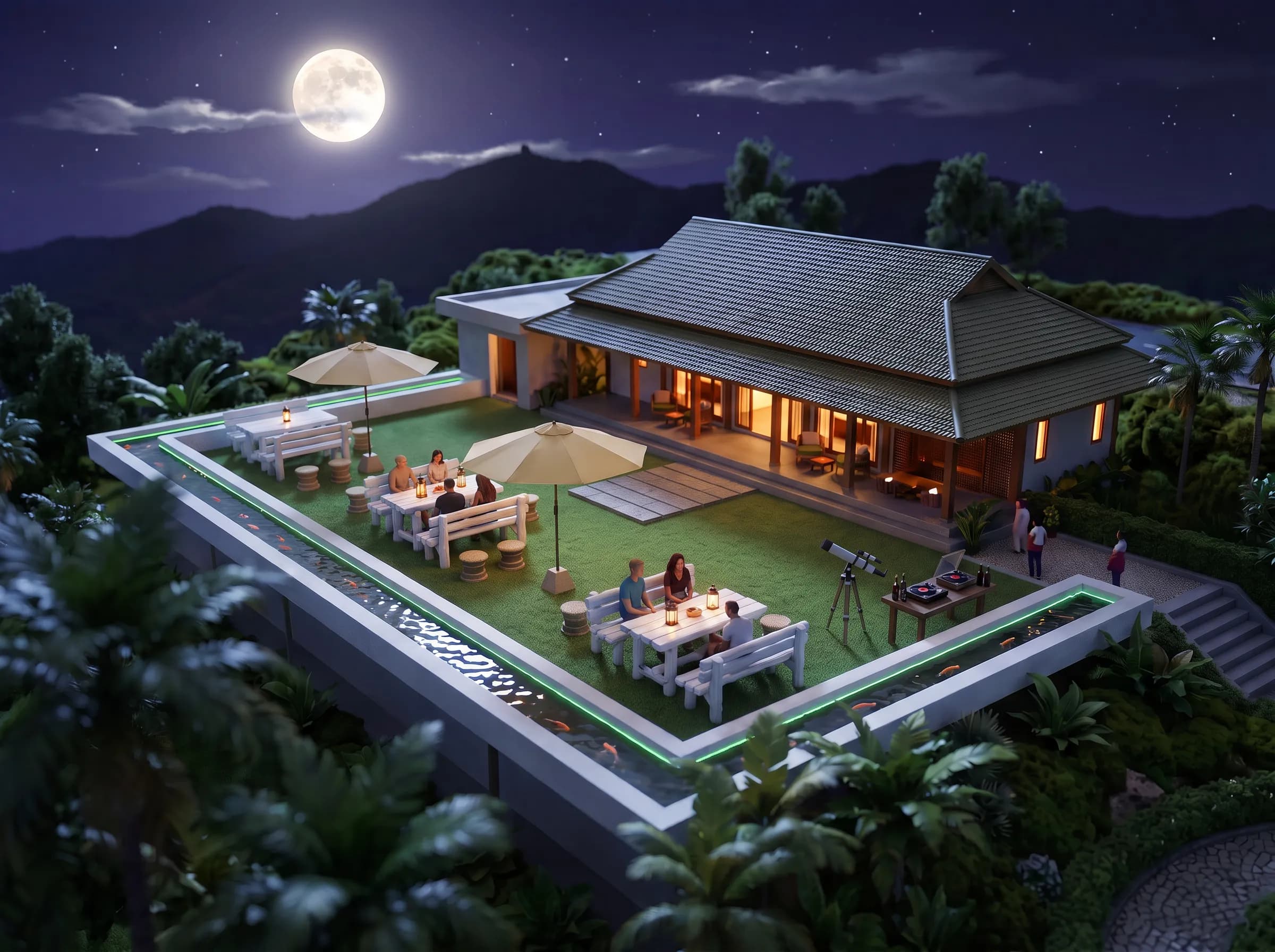 The Moon Rabbit rooftop moon terrace at night — miniature illustration: lounge tables under umbrellas, a telescope, the koi channel, and the full moon over the ridge.